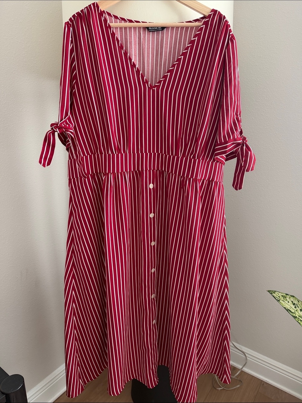 BloomChic Red and White Striped V-Neck Midi Dress